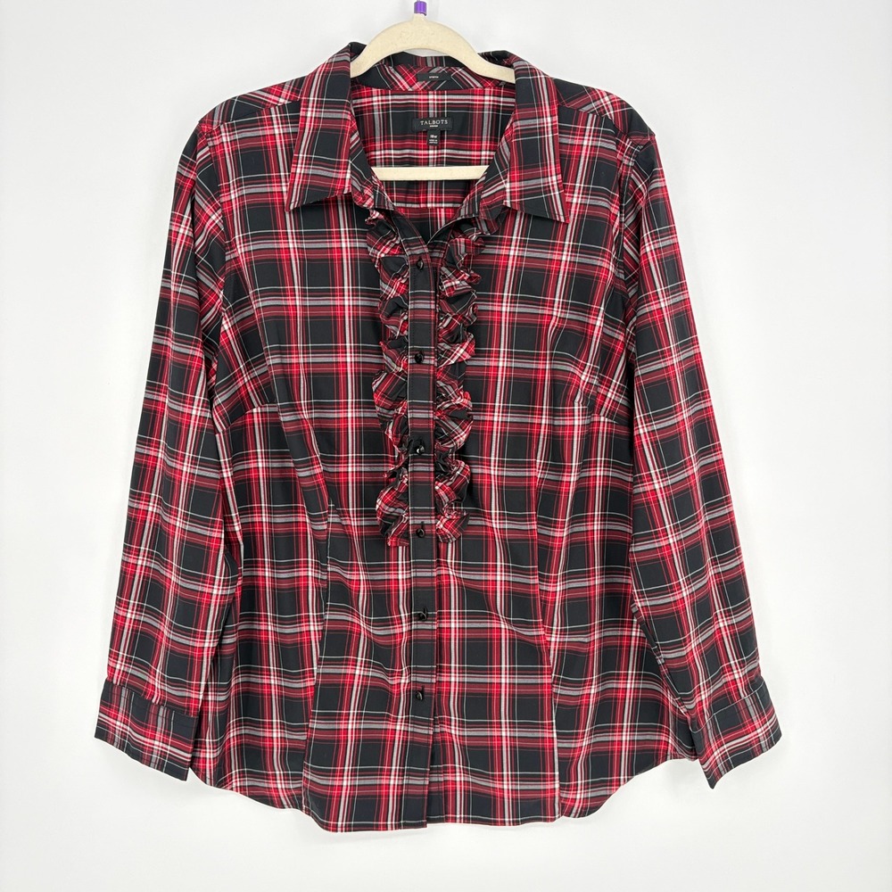 Talbots Women 18W Button Up Top Red Plaid Ruffle Stretch Fall Holiday Preppy